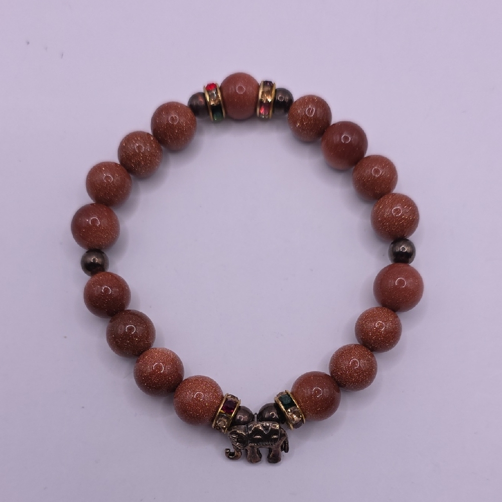 Goldstone Stretch Beaded Bracelet with Elephant Charm